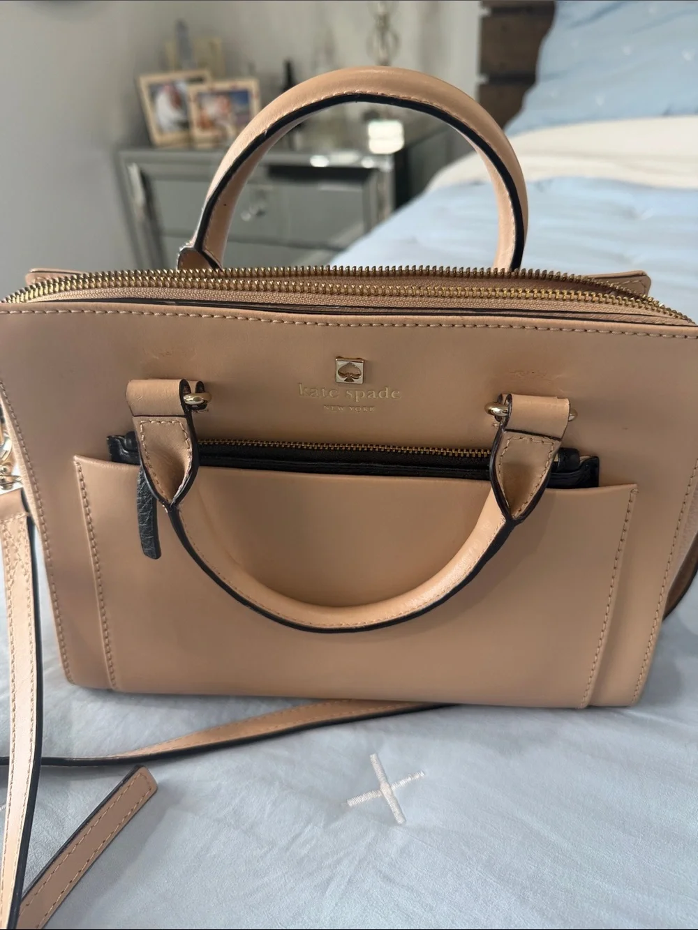 kate spade beige leather satchel with gold hardware